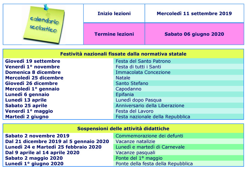 calendario scolastico 2019.2020 per sito web