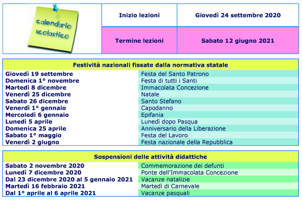 calendario scolastico 2020.2021 per sito web